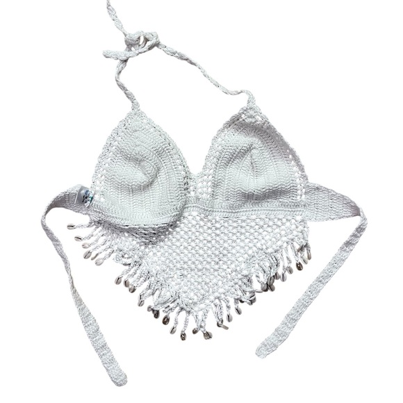 White Crochet Fringe Halter Top with Shells - Picture 3 of 6